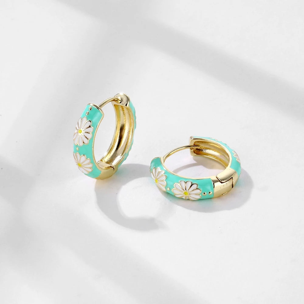 Juya 18K Real Gold Plated Handicraft Bohemia Bridal Handmade Colorful Enamel Daisy Flower Hoop Earrings Women Prevent Allergy