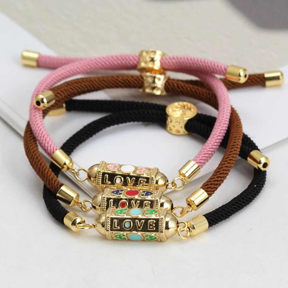 Enamel Tube Spacer Colored Zircon Beads Charm Bracelet For Women Adjustable Leaf Buckle Pull Rope Boho Summer Beach Jewelry Gift