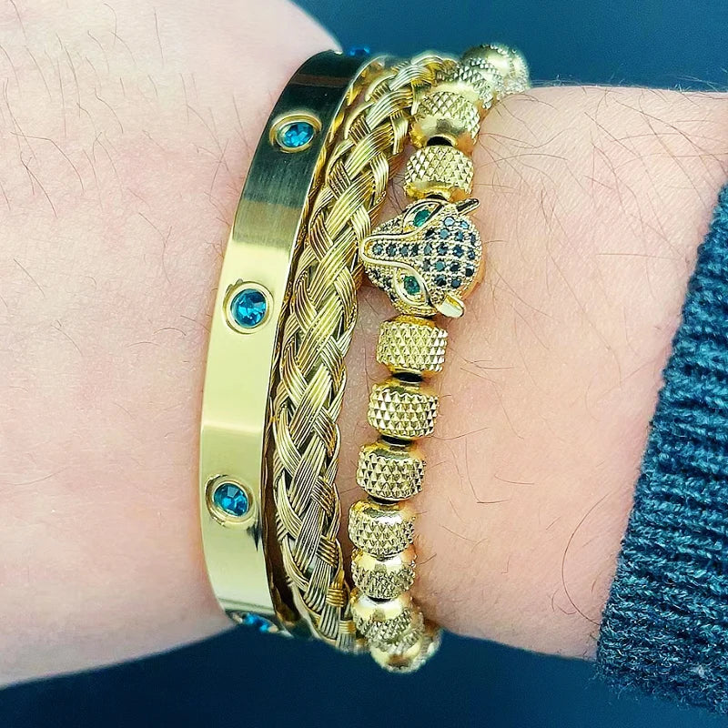 Luxury Set Green Eye Leopard Head Charm Handmade Man Bracelet Crystals Women Stainless Steel Bangles Jewelry