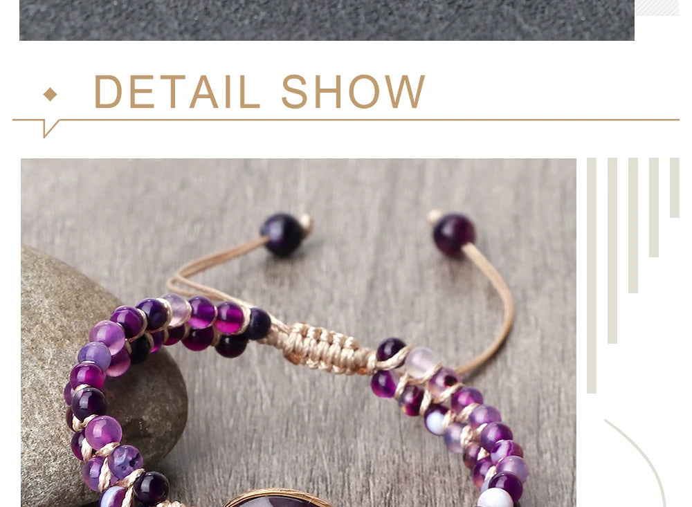 Purple Crystal Agate Stone Wrap Bracelet Charm String Braided Yoga Beaded Bracelets Bangles Bohemian Gift Jewelry for Women Men