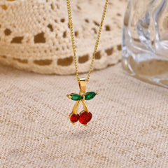 Cherry Charms Necklace for Women,14K Gold Plated Stainless Steel Chain Birthday Gift
