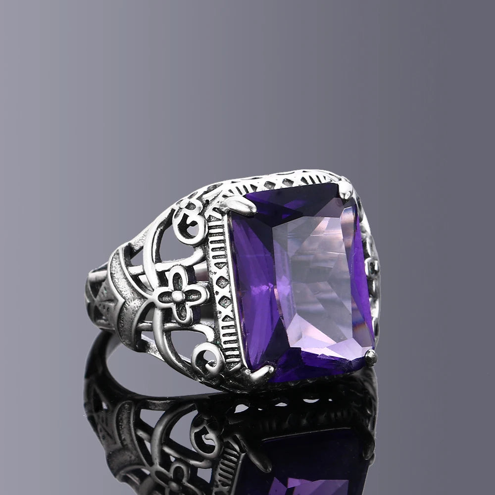 Silver Rings Amethyst Zircon Women Hollow Out Design Fine Jewelry Bridal Wedding Engagement Ring Accessory