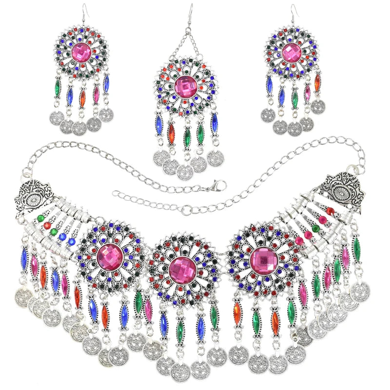 3PC Indian Afghan Jewerly Sets for Women Boho Ethnic Hairbands Necklace Earrings Coins Tassels Vintage Colorful Crystal Drop