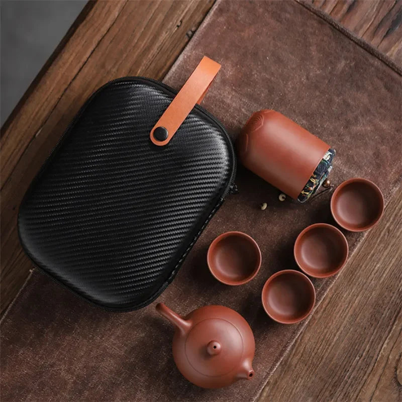 Purple Clay Teacups Ceramic Portable Tea Set Including 1 Pot + 1 Tea Caddy + 4 Cups Teapot Outdoor Travel Kung Fu Gaiwan Gifts