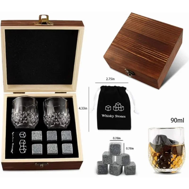 Father's Day Gift for Men Whiskey Stones Glasses Set Granite Ice Cube for Whisky in Wooden Bottle Box Present for Dad Husband