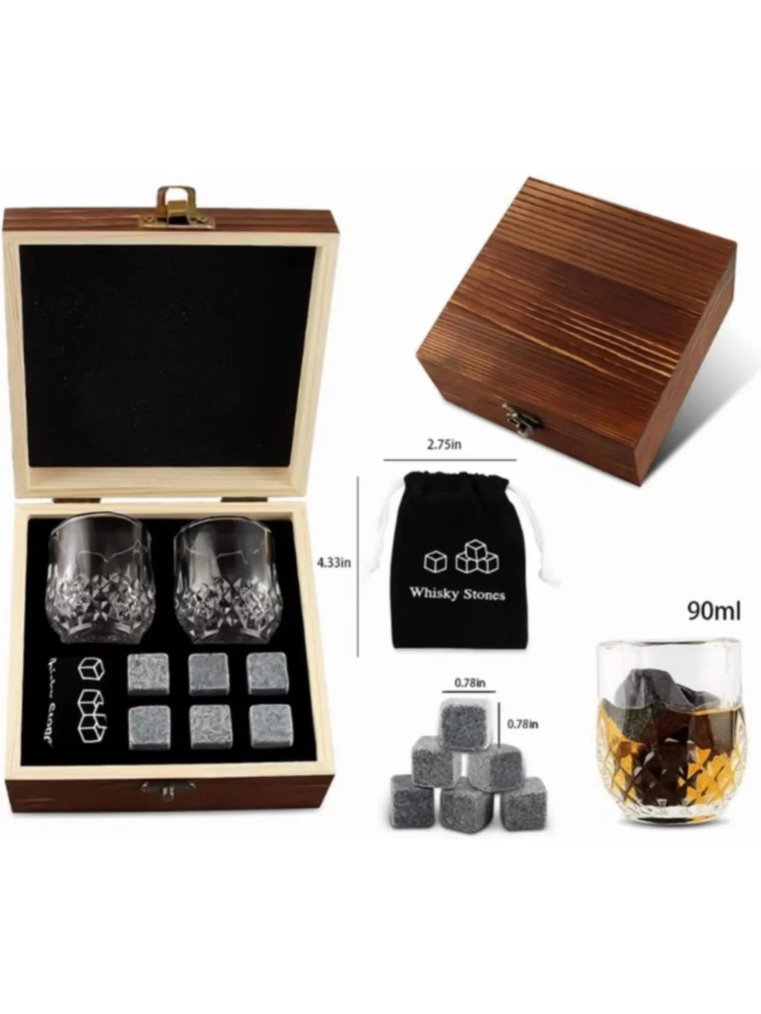 Father's Day Gift for Men Whiskey Stones Glasses Set Granite Ice Cube for Whisky in Wooden Bottle Box Present for Dad Husband