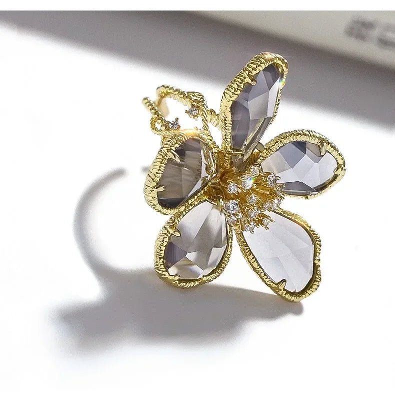 Fashion Elegant Crystal Flower Open Ring for Women 2024 New Luxury Wedding Party Jewelry Accessories Christmas Gifts