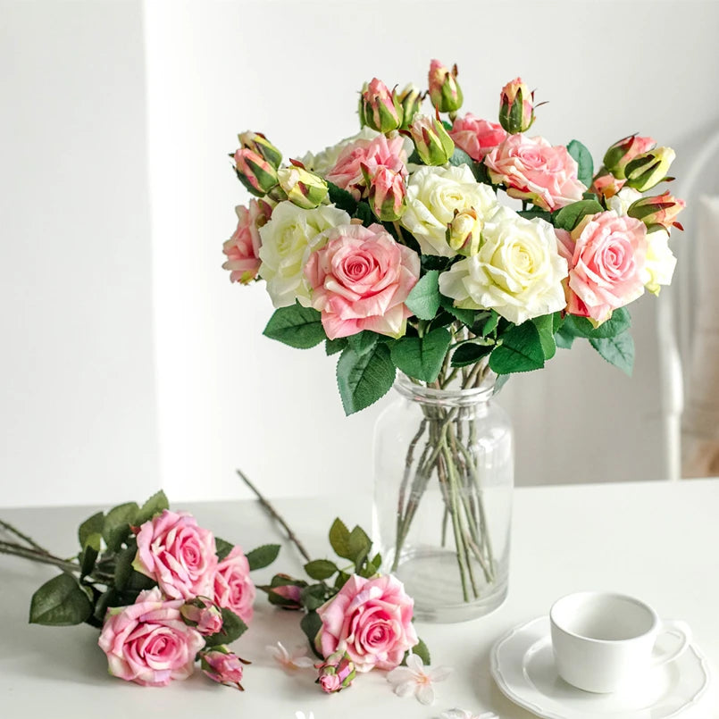 Artificial Flowers Big Silk Pink Roses New Beautiful Branch Vases for Decoration Home Wedding Retro Autumn Fake Plants Festival