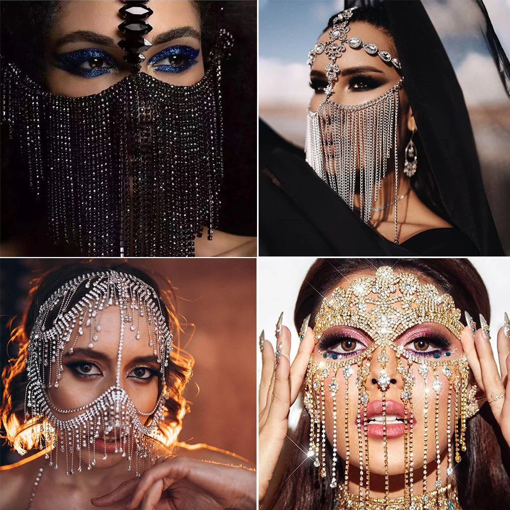 Fashion Charming Rhinestone Tassel Veil Masks for Women Bohe Face Jewelry Chain Masquerade Dance Party Sexy Costume Accessories
