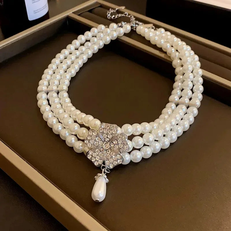 Flower Party Necklaces Women French Luxury Imitation Pearl Multi-layer Necklaces Bracelet Earrings Shiny Rhinestone Jewelry Sets