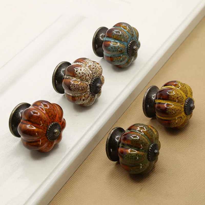 10Pcs/Set Ceramic Knobs With Colorful Knobs And Pumpkin Handles Drawer Ceramic Pulls For Cabinets, Kitchen And Bathroom Cabinets