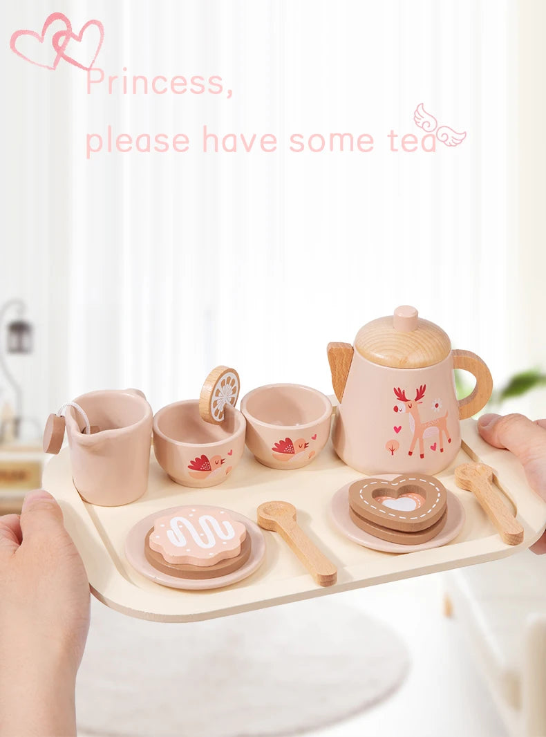 Children's Wooden Simulation Afternoon Tea Dessert Teapot Tableware Kitchen Tea Set Set Baby Puzzle Play Toy