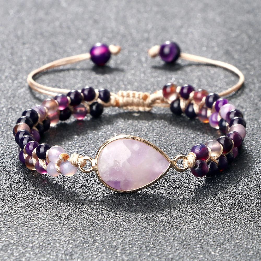 Purple Crystal Agate Stone Wrap Bracelet Charm String Braided Yoga Beaded Bracelets Bangles Bohemian Gift Jewelry for Women Men