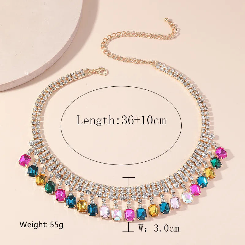 FYUAN Square Colorful Crystal Choker Necklaces for Women Geometric Clavicle Chain Necklaces Statements Jewelry