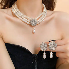 Flower Party Necklaces Women French Luxury Imitation Pearl Multi-layer Necklaces Bracelet Earrings Shiny Rhinestone Jewelry Sets