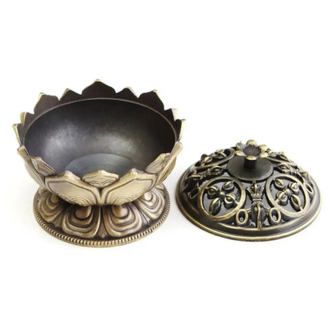 Alloy Incense Burner Chinese Buddha Lotus Flower Incense Holder Handmade Censer for Buddhist Home Office Decoration