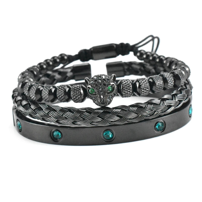 Luxury Set Green Eye Leopard Head Charm Handmade Man Bracelet Crystals Women Stainless Steel Bangles Jewelry