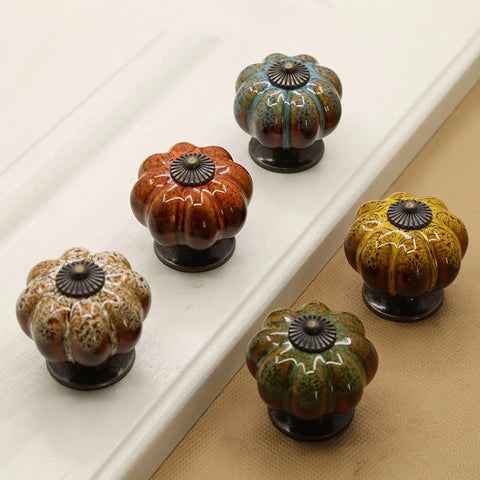 10Pcs/Set Ceramic Knobs With Colorful Knobs And Pumpkin Handles Drawer Ceramic Pulls For Cabinets, Kitchen And Bathroom Cabinets