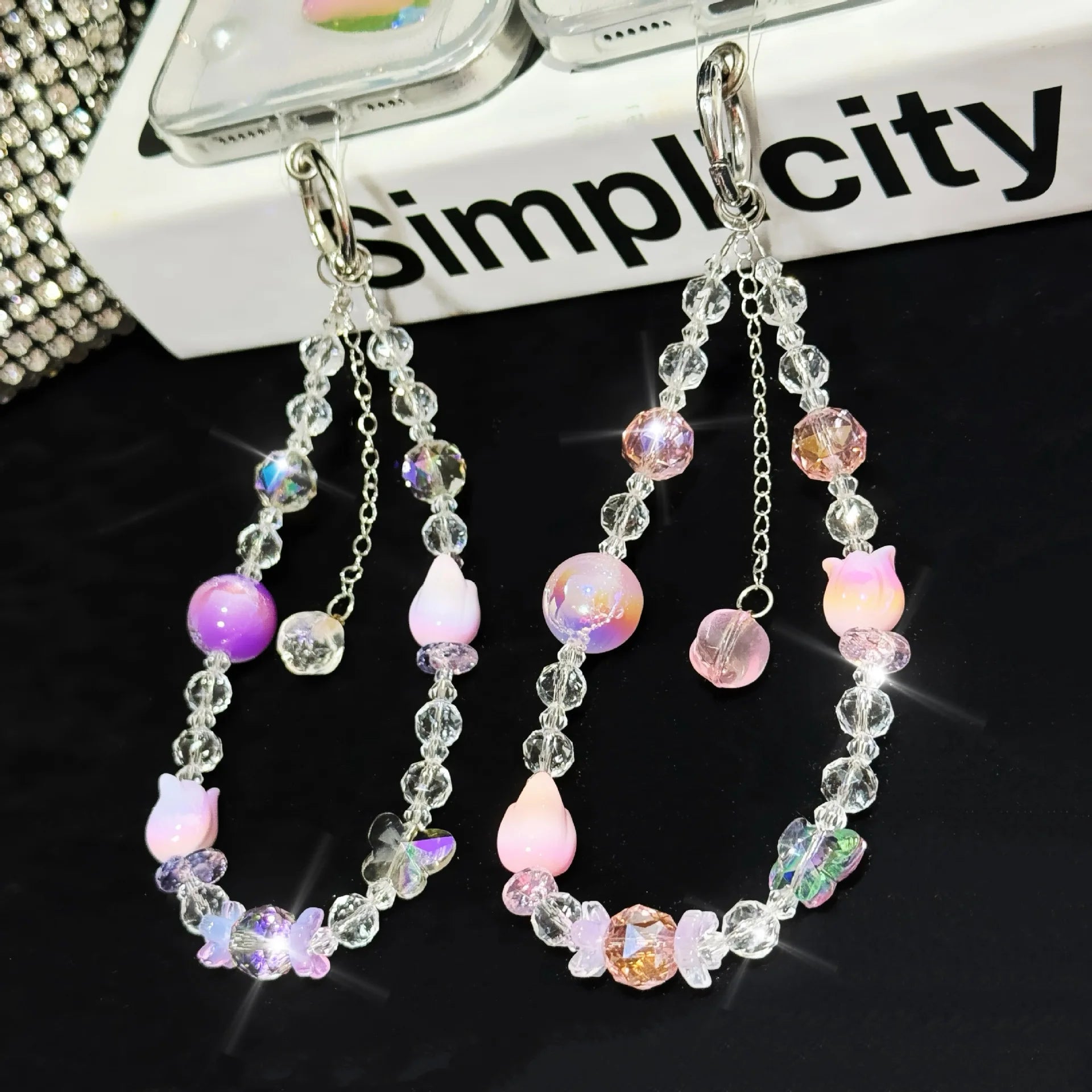 Crystal Flower Buds Fine Sparkling Beads Bag Accessories Keychains Hanging Ropes For Mobile Phone Bracelets Small Gifts