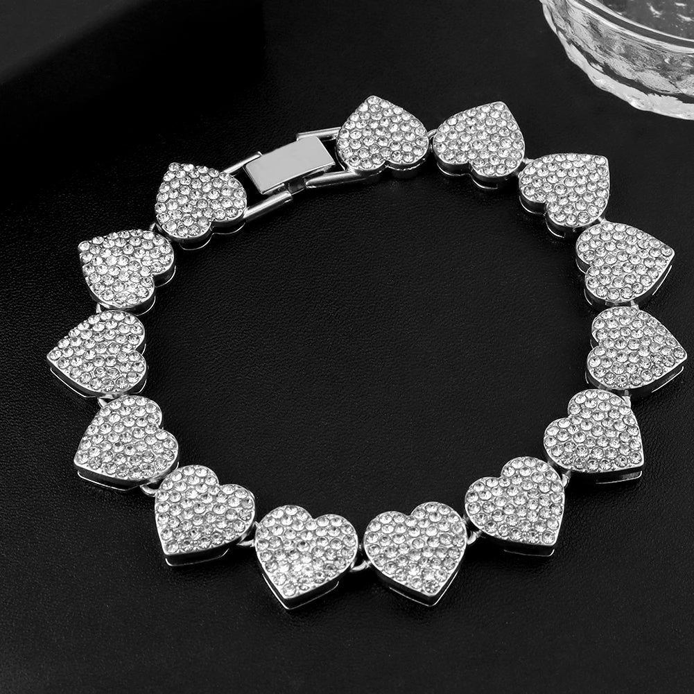 Fashion Shiny Full Rhinestone Heart Anklets Bracelet For Women Iced Out Crystal Cuban Link Chain Anklet Summer Barefoot Jewelry