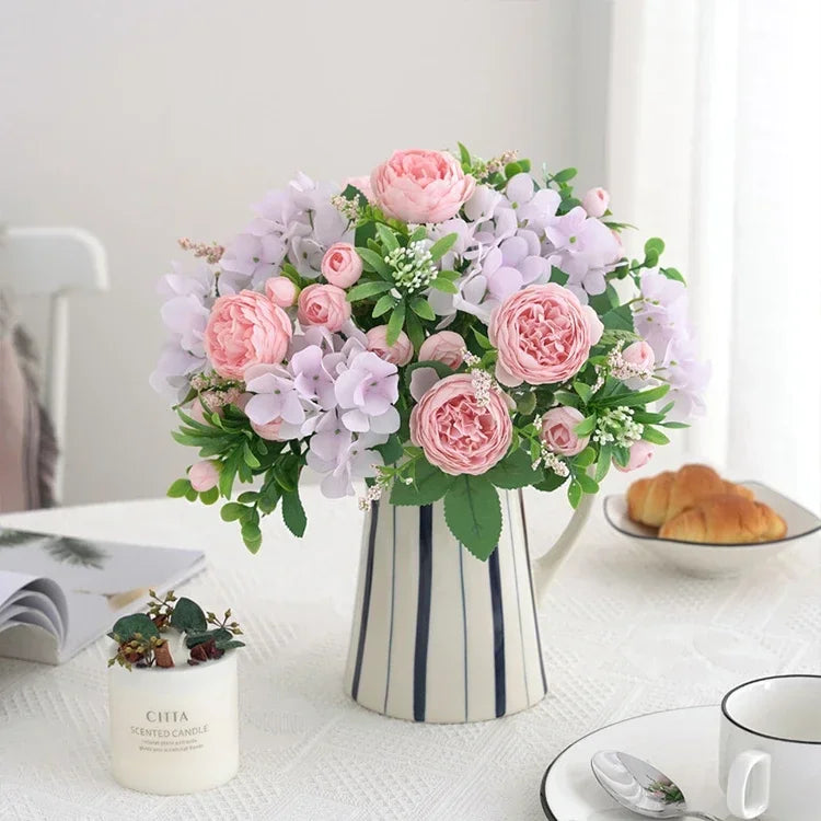 Blue Silk Bouquets Artificial Forest Hydrangea Peony Bud Wedding Bride Hand Bouquet Home Garden Desktop Flower Arrangement Decor
