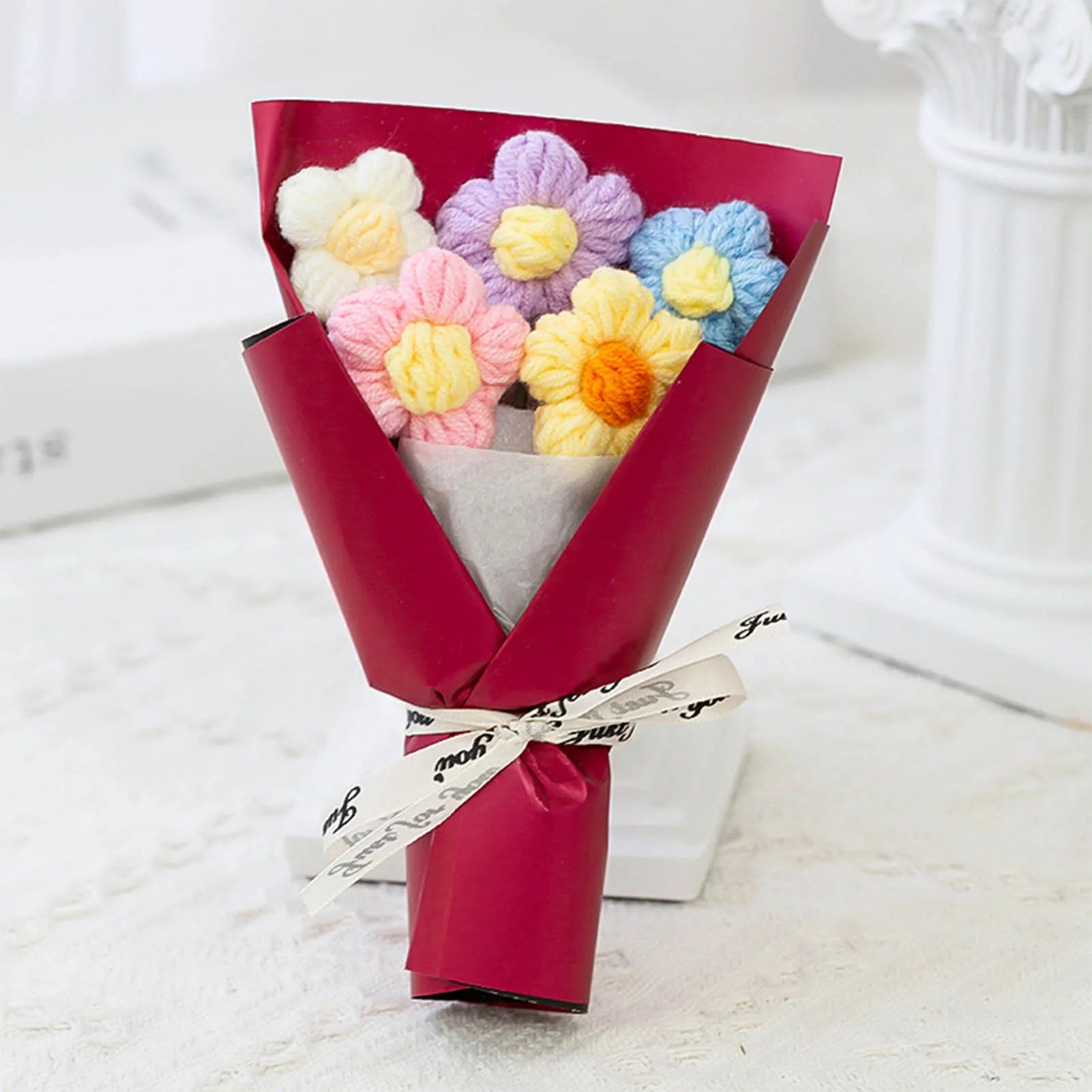 DIY Handwoven Knitted Flowers Bouquet Artificial Flower Knitted Woolen Flowers Woven Birthday Valentine's Day Gift Home Decor