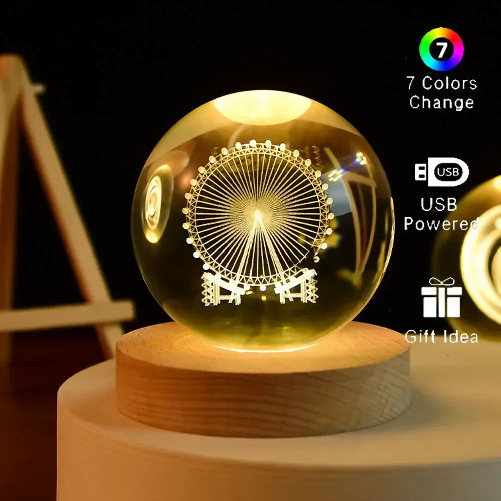 6cm 3D Crystal Christmas Night Light Wooden Base Seven Spectral Colors LED Gift for Boys and Girls
