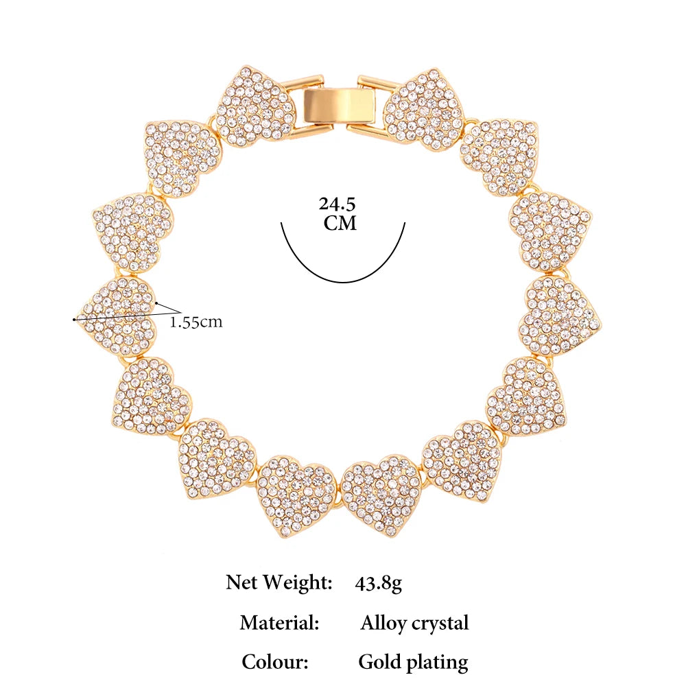 Fashion Shiny Full Rhinestone Heart Anklets Bracelet For Women Iced Out Crystal Cuban Link Chain Anklet Summer Barefoot Jewelry