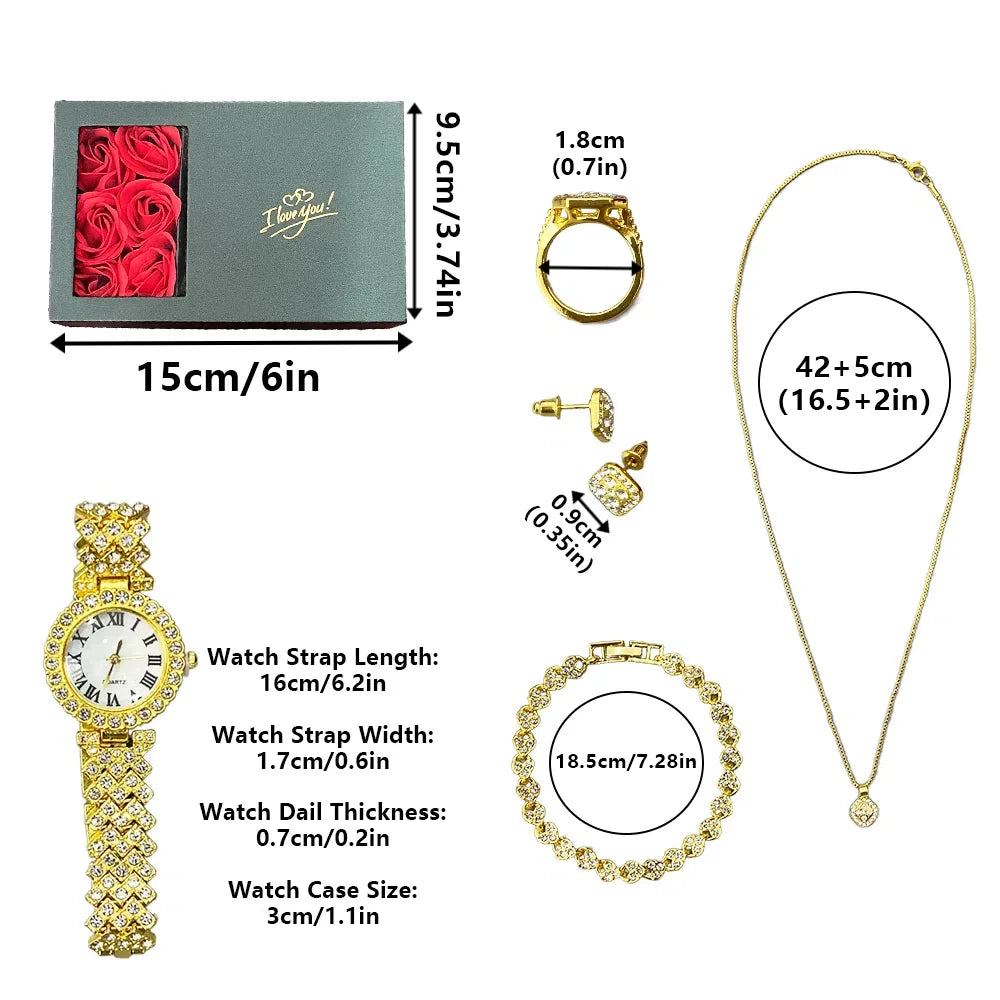 1set Luxury Wrist watch Jewelry Gift Box Fashion Quartz Watch Rhinestone Jewelry Set(With Box) Wedding Birthday Party Supplies