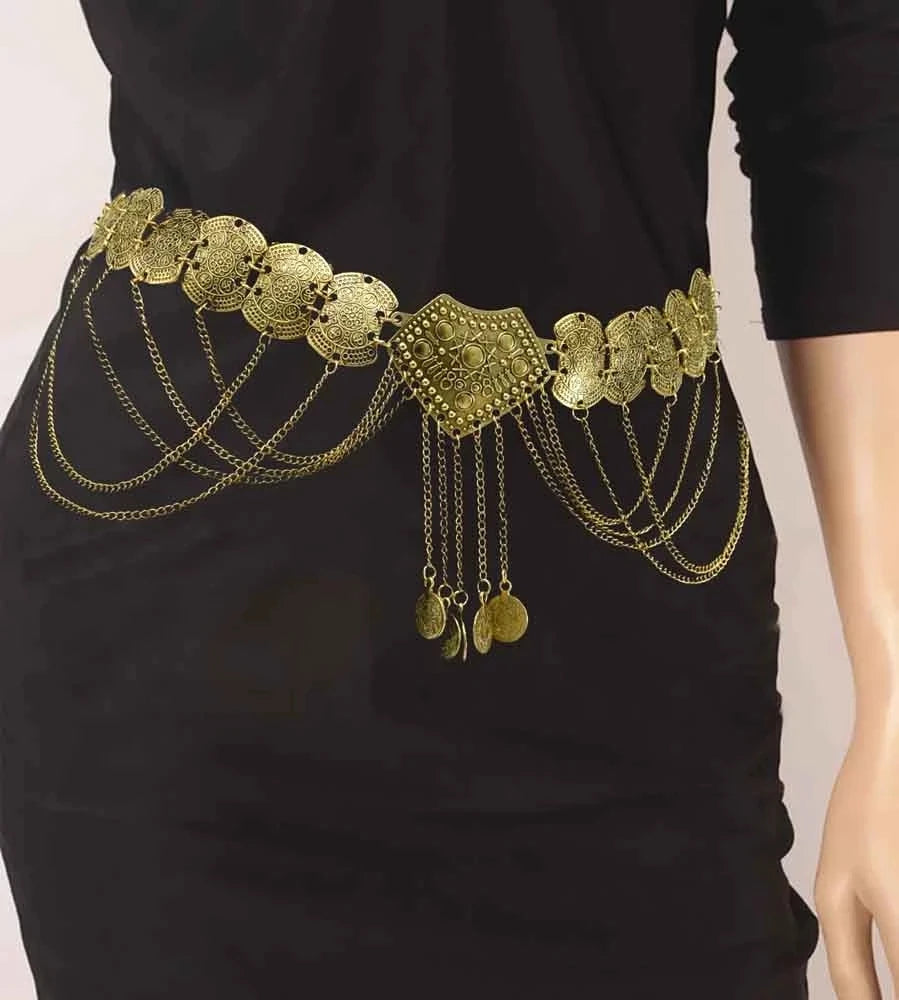 Bohemian Blue Stone Belly Chains for Women Vintage Metal Coin Tassel Flower Bikini Dance Waist Body Chain Party Jewelry Gift