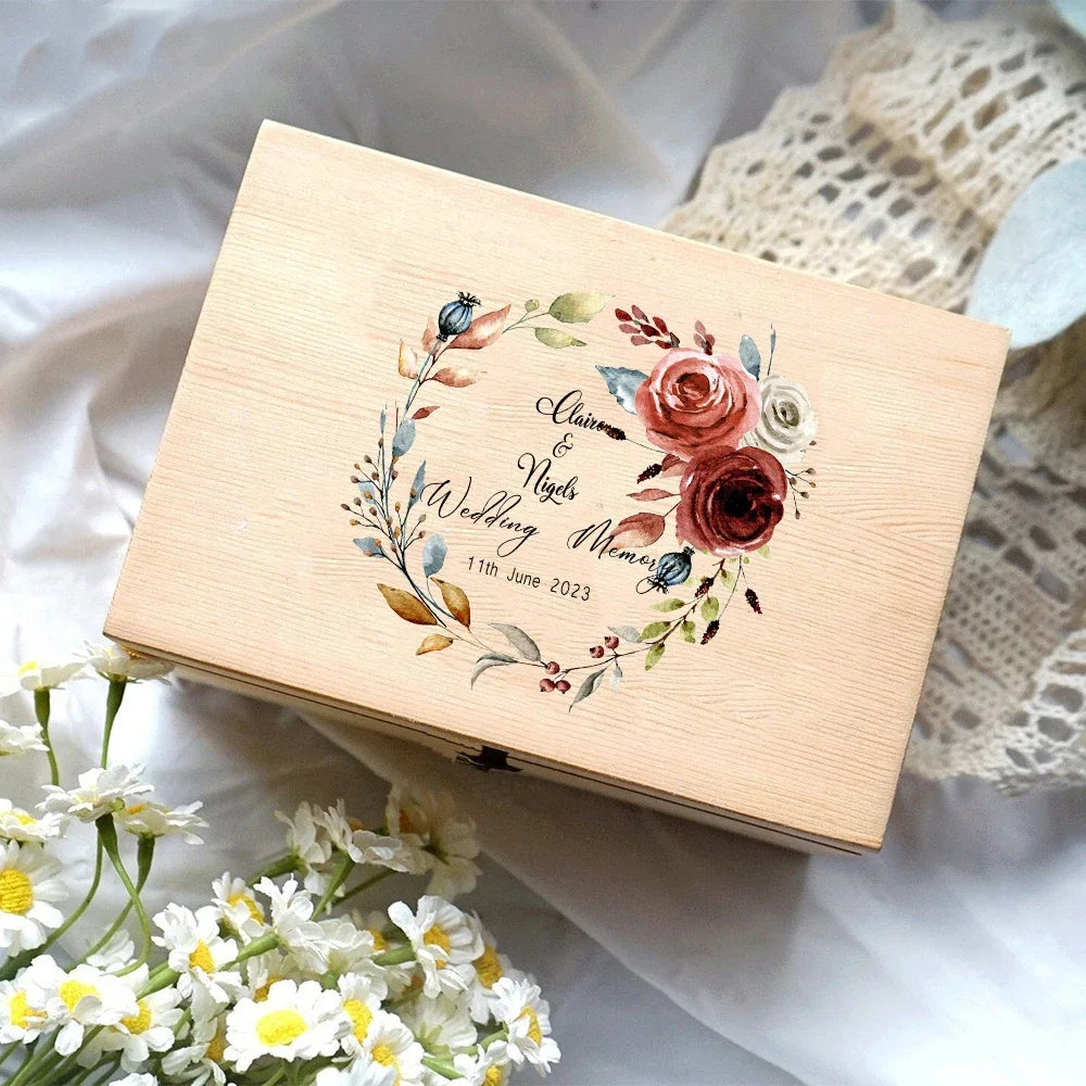 Wooden Personalised Floral Wedding Memory Box Wedding Keepsake Boxes Gift for Bride and Groom Custom Name Unique Gift Idea