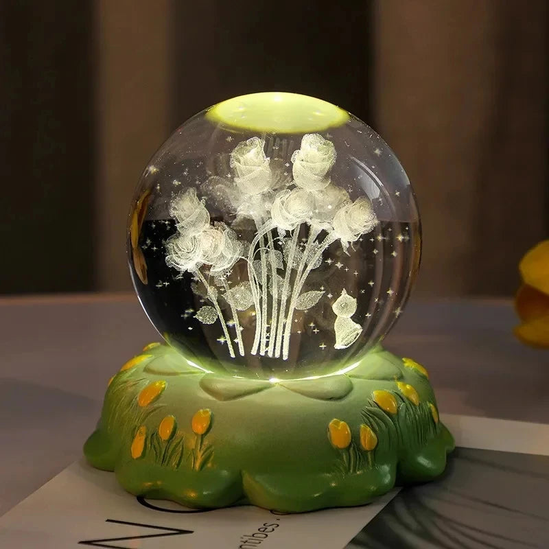 Carved Rose Carnation Flower Crystal Ball Small Night Lamp Home Warm Small Ornaments Birthday Gift Gift
