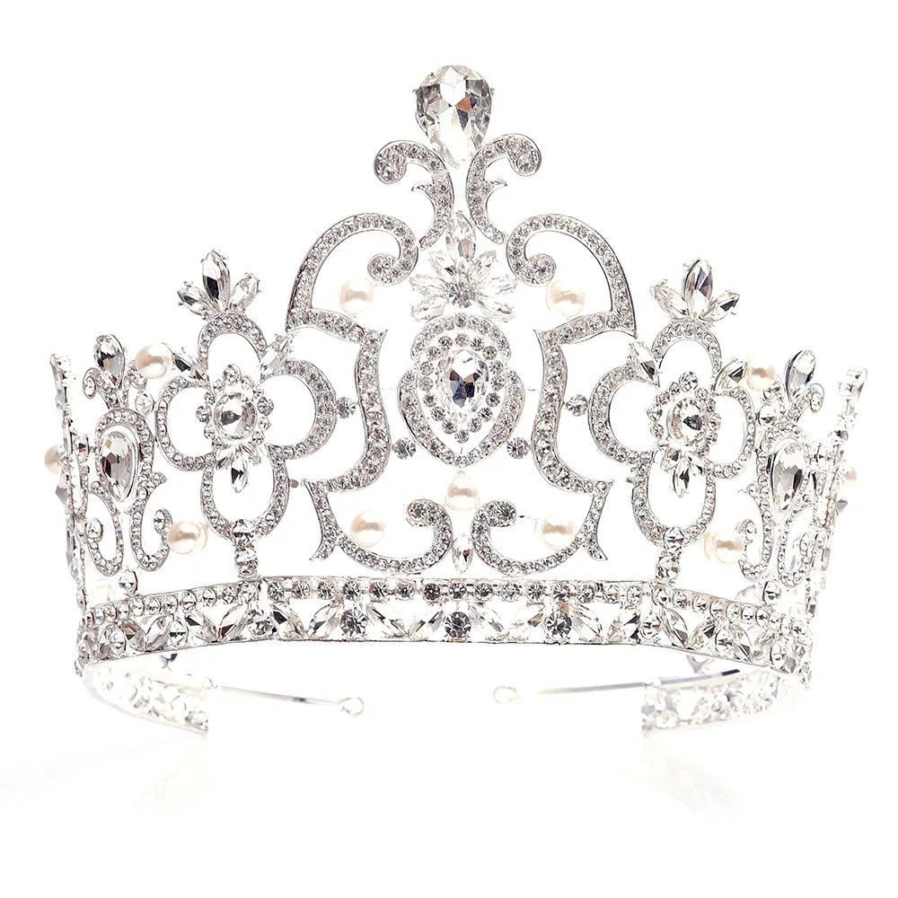 Baroque Vintage Crystal Pearl Big Tiara Crown Diadem Queen King Head Jewelry Bridal Tiaras Wedding Hair Accessories Ornaments