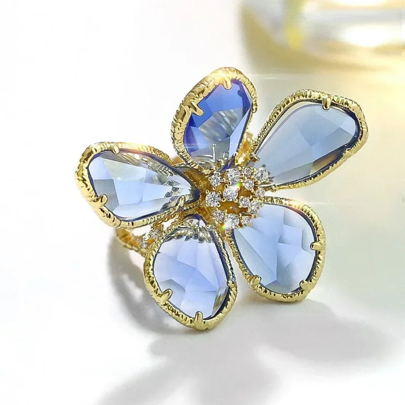 Fashion Elegant Crystal Flower Open Ring for Women 2024 New Luxury Wedding Party Jewelry Accessories Christmas Gifts