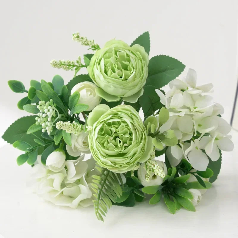 Blue Silk Bouquets Artificial Forest Hydrangea Peony Bud Wedding Bride Hand Bouquet Home Garden Desktop Flower Arrangement Decor