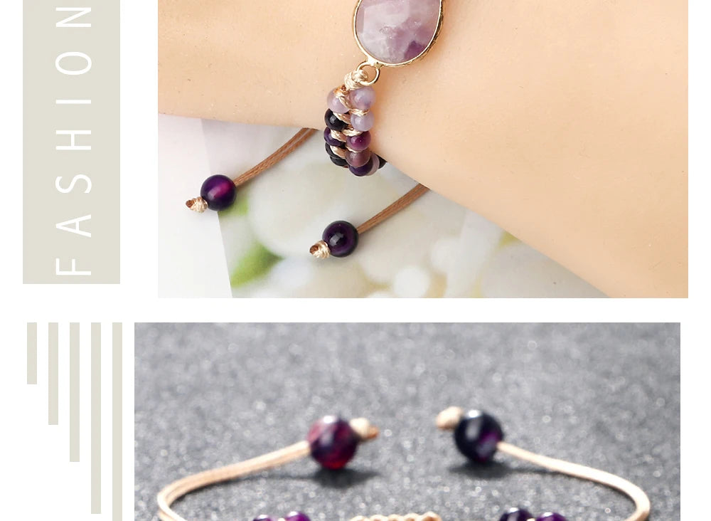 Purple Crystal Agate Stone Wrap Bracelet Charm String Braided Yoga Beaded Bracelets Bangles Bohemian Gift Jewelry for Women Men