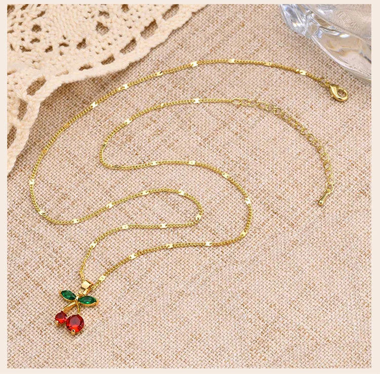 Cherry Charms Necklace for Women,14K Gold Plated Stainless Steel Chain Birthday Gift