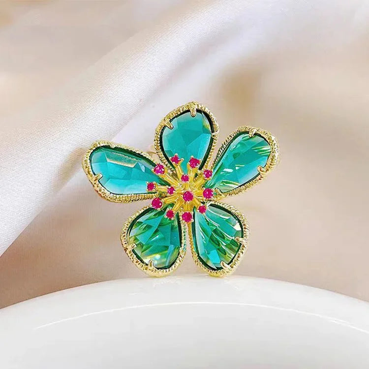 Fashion Elegant Crystal Flower Open Ring for Women 2024 New Luxury Wedding Party Jewelry Accessories Christmas Gifts