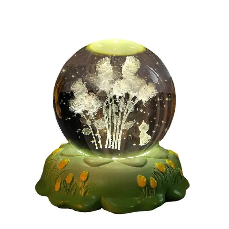 Carved Rose Carnation Flower Crystal Ball Small Night Lamp Home Warm Small Ornaments Birthday Gift Gift