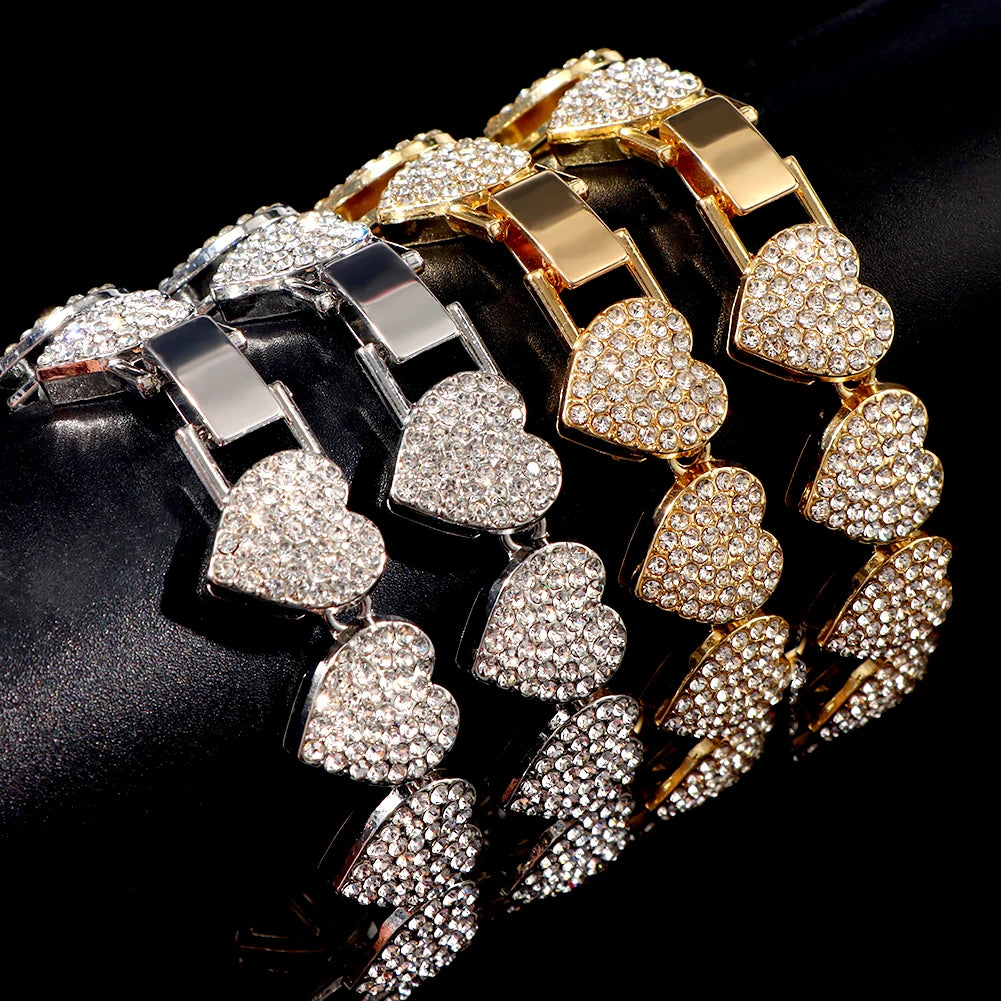 Fashion Shiny Full Rhinestone Heart Anklets Bracelet For Women Iced Out Crystal Cuban Link Chain Anklet Summer Barefoot Jewelry