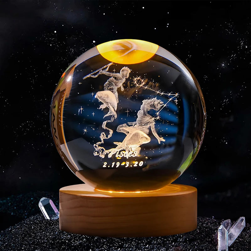Hot 6cm 3D Crystal Ball Glass Craft Decoration 12 Constellation Birthday Gift Wooden Base Home Desktop Decor Children's Gifts