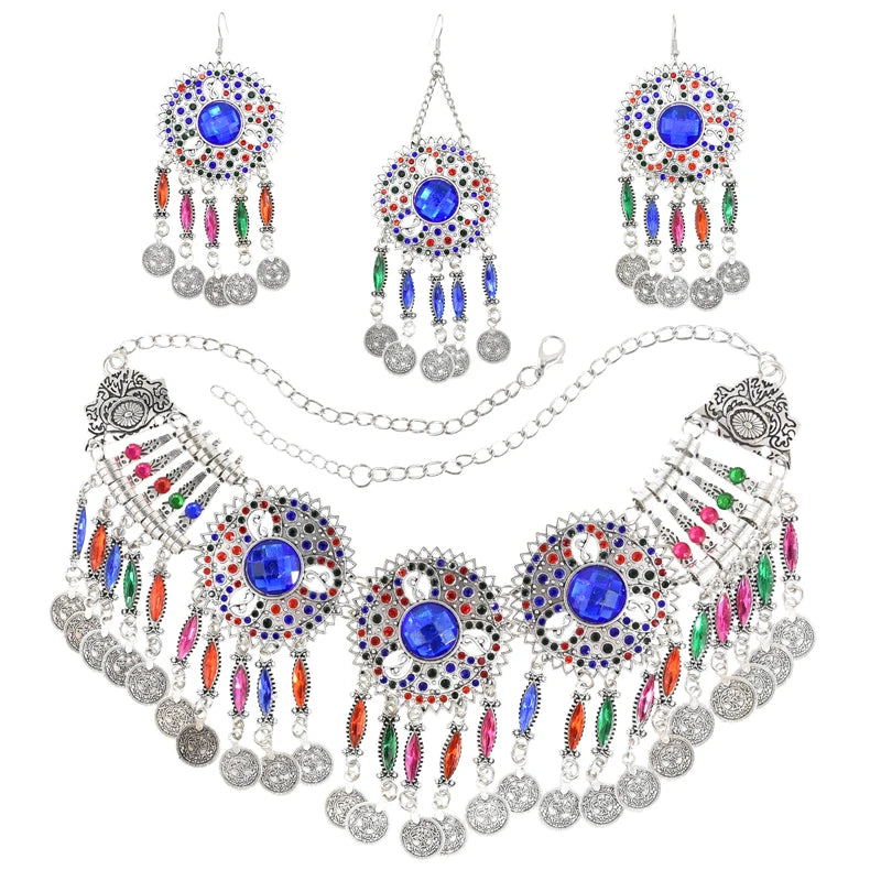 3PC Indian Afghan Jewerly Sets for Women Boho Ethnic Hairbands Necklace Earrings Coins Tassels Vintage Colorful Crystal Drop