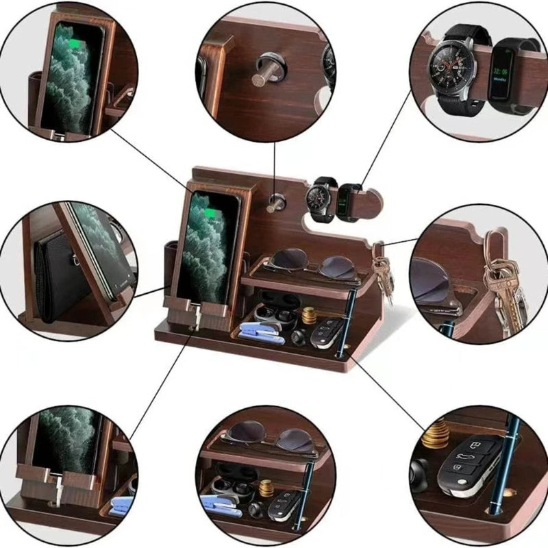Wood Phone Docking Station Key Holder Wallet Stand Jewelry Watch Organizer Desk Accessories Men Husband Birthday Gift