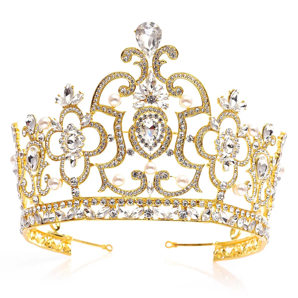 Baroque Vintage Crystal Pearl Big Tiara Crown Diadem Queen King Head Jewelry Bridal Tiaras Wedding Hair Accessories Ornaments