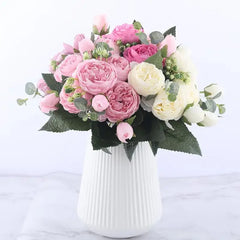30cm Rose Pink Silk Peony Artificial Flowers Bouquet 5 Big Head Cheap Fake  Wedding Decorate