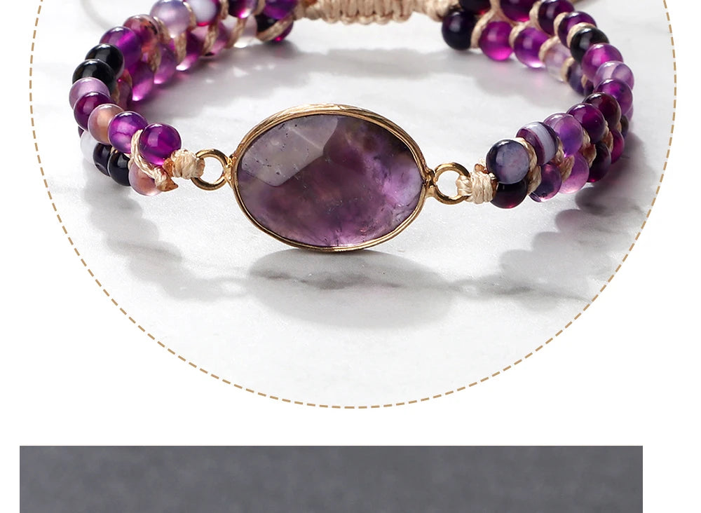Purple Crystal Agate Stone Wrap Bracelet Charm String Braided Yoga Beaded Bracelets Bangles Bohemian Gift Jewelry for Women Men