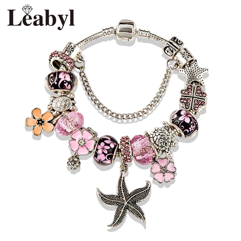 Dropshipping HOT Pink Crystal Heart Shell Charm Bracelet Silver Plated Turtle Starfish DIY Beaded Bracelets Casual Jewelry Gift