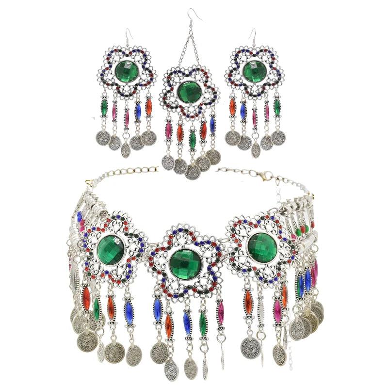 3PC Indian Afghan Jewerly Sets for Women Boho Ethnic Hairbands Necklace Earrings Coins Tassels Vintage Colorful Crystal Drop