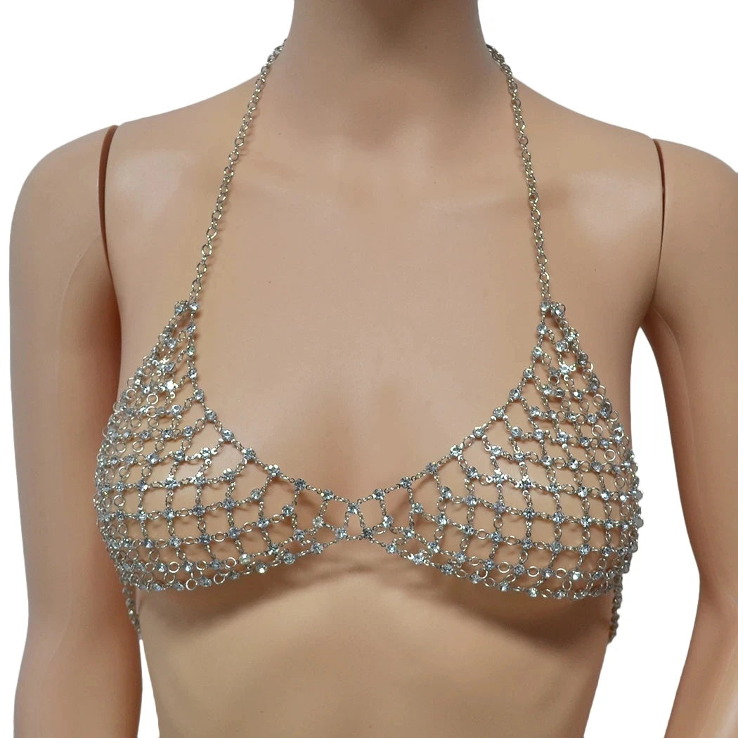 Summer Beach Mesh Sexy Hollow Chest Body Chain Crystal Bikini Bra Harness Statement Necklace for Women Waist Belly Body Jewelry