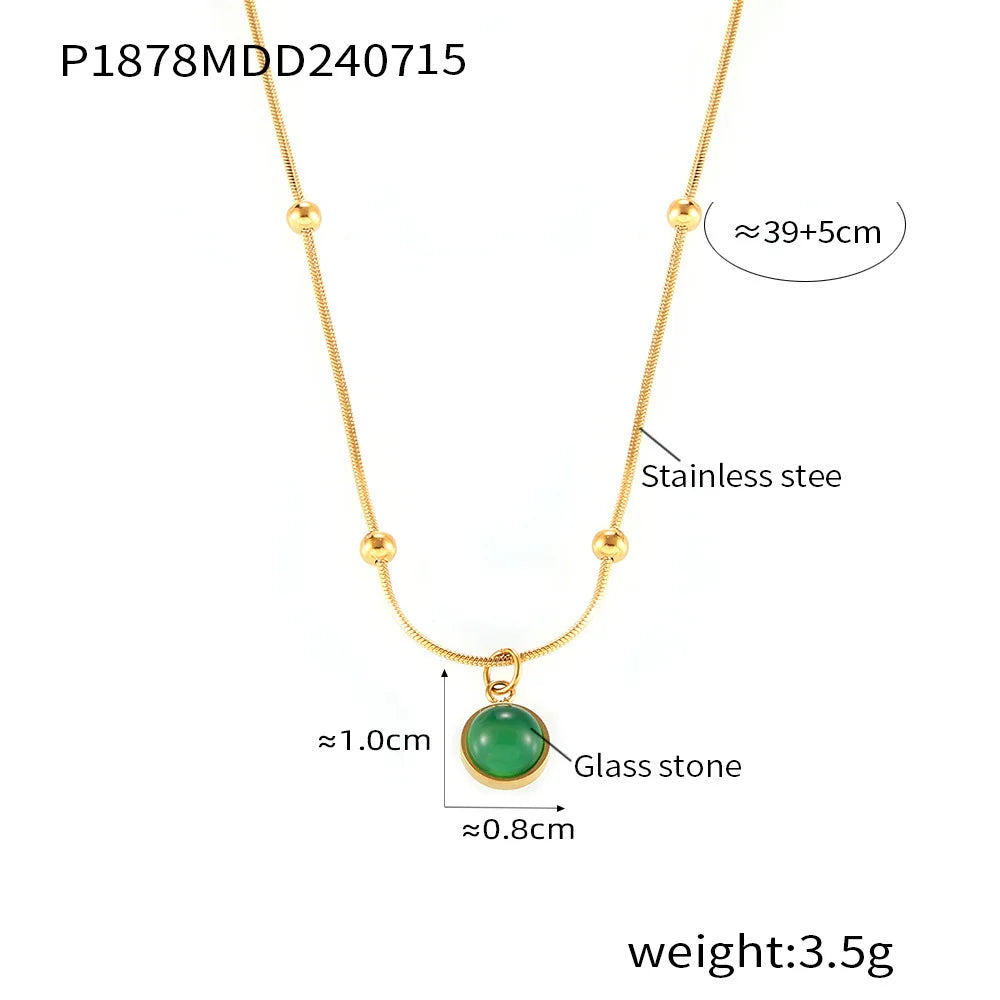 Daily Necklace for Women Waterproof Stainless Steel Chain Gold Plated Green Glass Stones Pendant Couple Jewelry Gift